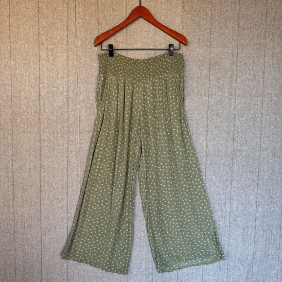 Three Dots Sage Green Ditzy Leaf Print High Rise Wide Leg Palazzo Pants Size XL - Picture 3 of 11